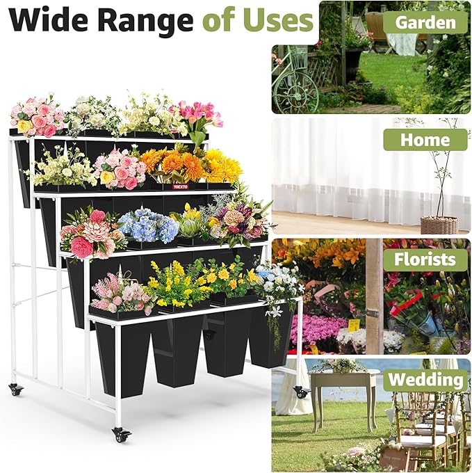 Flower Display Stand 4 Layers with 16 PCS Square Buckets, Plant Stand with Wheels, Movable Metal Plant Stand for Terrace Garden, Living Room, Florist Shop