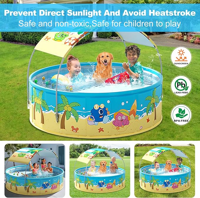 Foldable Swimming Pool with Canopy for Kids 63"x18" Hard Plastic Portable Dog Pool Anti-Slip Collapsible Pets Bathtub Kiddie Pool Indoor Outdoor Backyard (JellieMons 63'')