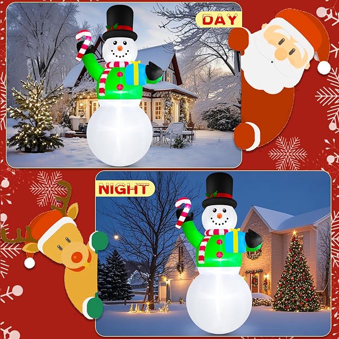 Danxilu 12ft Tall Christmas Inflatables Snowman Decorations Outdoor Giant Blow Up Candy Cane Yard Decor Large Merry Xmas Blowups Snow Man with Led Lighted for Front Outside Lawn Holiday Vacation Party