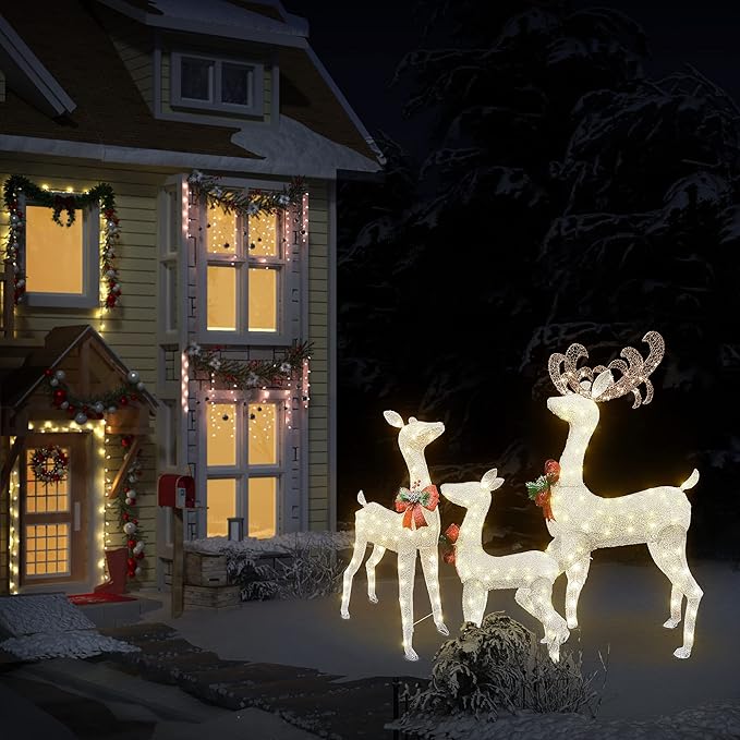 AWQM 3-Piece Lighted Christmas Reindeer, Christmas Deer Family Set with Red Bow, 50+80+100 LED Lights, Indoor or Outdoor Christmas Holiday Decoration for Yards Garden Lawn Patio Light Up Display,White