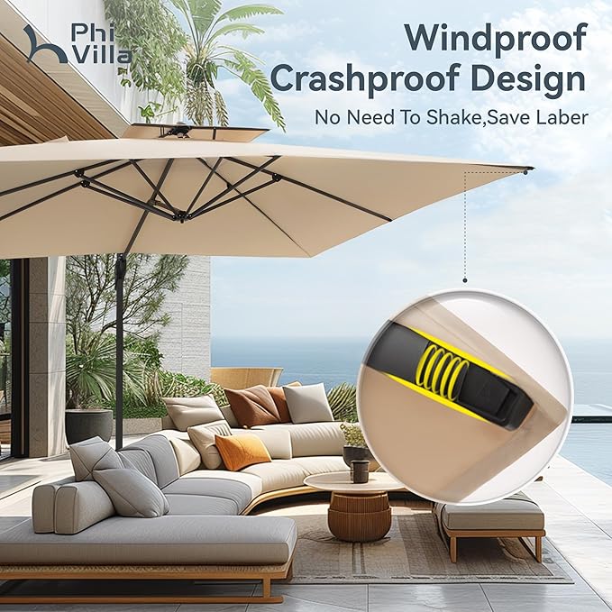 PHI VILLA 10ft Cantilever Patio Umbrella,Outdoor Large Square Umbrellas with 360°Rotation, Heavy Duty Hydraulic Double Umbrella Windproof for Outside, Pool, Deck, Garden, Porch, Beige(No Base)