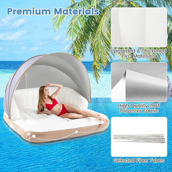 Moccha Inflatable Island with Canopy - 440 lbs Party Floats with SPF50+ Retractable Detachable Sunshade & 3 Pillows, 2-3 Person Tanning Lounger, 73” Pool Daybed, Floating Island for Lake