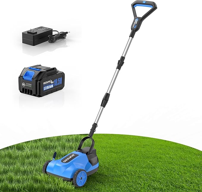 AZZUNO 8.3" Electric Cordless Lawn Mower: 20V Push Brush Cutter with 3-Position Height Adjustment, Brushless Compact Walk Behind Weed Wacker Eater for Small Garden Yard, 4.0Ah Battery and Charger