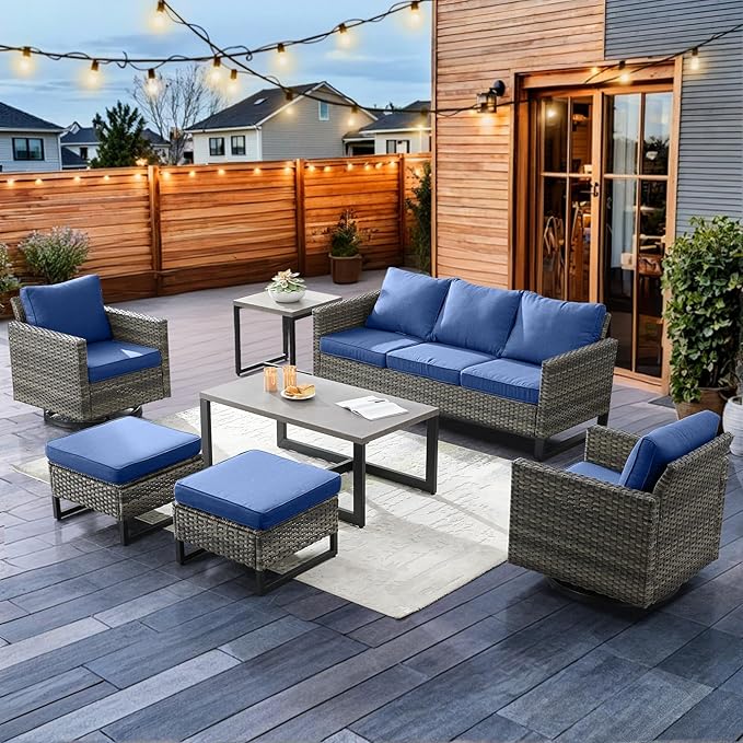 HUMMUH 3-Piece Patio Swivel Chairs,PE Wicker Outdoor Rocking Chairs Bistro Set with Side Table Porch Balcony Furniture with Cushions Blue