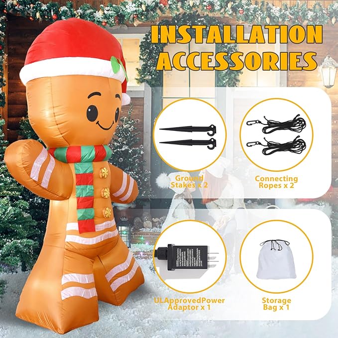 DearSun 8FT H Lovely Giant Christmas Inflatable Gingerbread Man with Build-in LED Lights, Blow up Christmas Inflatable Outdoor Indoor Decorations Large Party Yard Decoration