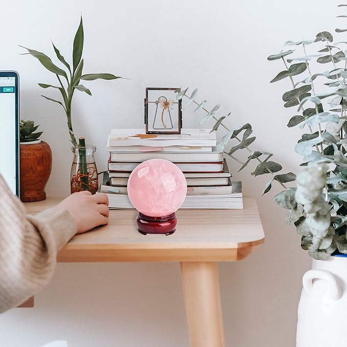 JIC Gem 2.5 Inch Natural Pink Rose Quartz Magic Crystal Healing Ball Ornament Sphere with Wood Stand for Decoration, Meditation, Scrying Mirror, Feng Shui.