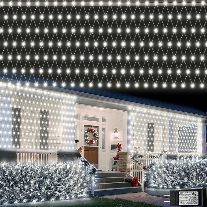 Christmas Net Lights, 610 LED Large Outdoor Net Mesh Lights 34.5X 5ft, 8 Modes Waterproof Twinkle String Lights Connectable for Bushes Halloween Yard Decor, Cool White