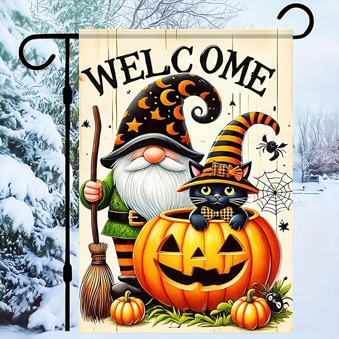 Welcome Halloween Gnome Decorative Garden Flag Halloween Black Cat Garden Flag 12x 18 Inch Double Sided Spooky Pumpkin Welcome Yard Flag Holiday Seasonal Outdoor Outside Decoration