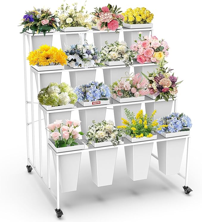 Flower Display Stand 4 Layers with 16 PCS Square Buckets, Plant Stand with Wheels, Movable Metal Plant Stand for Terrace Garden, Living Room, Florist Shop