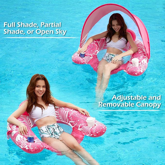 Jasonwell Pool Float with Canopy - Inflatable Pool Floaties Adult Floating Pool Chair Lounge Floats for Swimming Pool Water Chair Pool Lounger with Cup Holders Pool Toy Party Floaty for Adults
