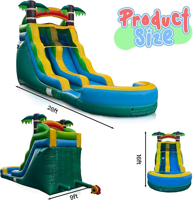 Inflatable Water Slide for Kids and Adults with Splash Pool, Commercial Grade Tropical Backyard Water Park with Slide, Outdoor Fun, Works with Water or Dry Play, 26ft x 9ft x 16ft - with Blower