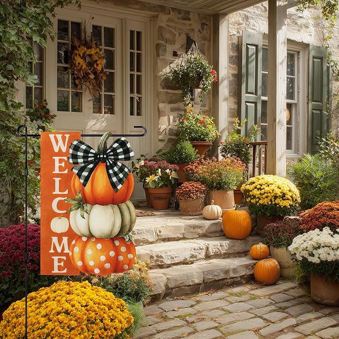 Thanksgiving Garden Flags 12x18 Inch Double Sided, Fall Welcome Pumpkin Yard Flags for Outside, Farmhouse Front Porch Outdoor Autumn Decor Holiday All Seasons Decoration