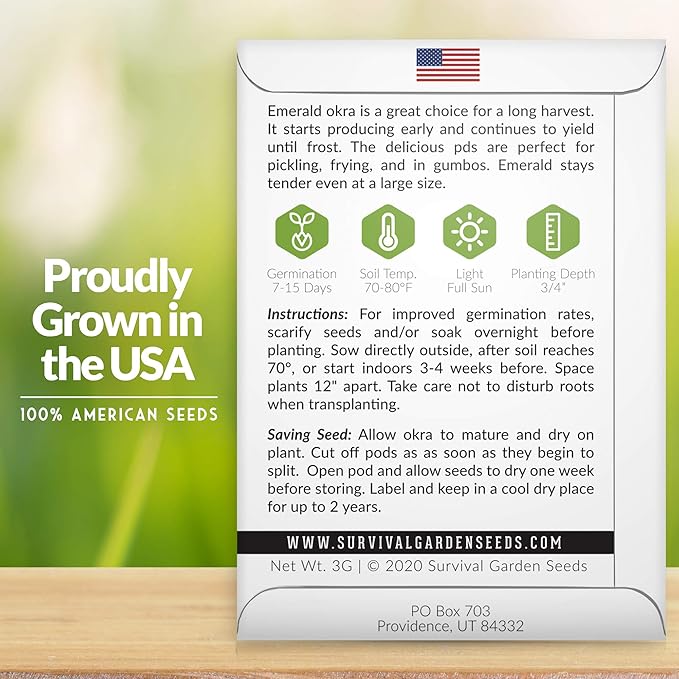 Survival Garden Seeds - Emerald Okra Seed for Planting – 1 Packet with Instructions to Grow Tender, Large Okra Plant Pods in Your Home Vegetable Garden – Non-GMO Heirloom Variety Seed