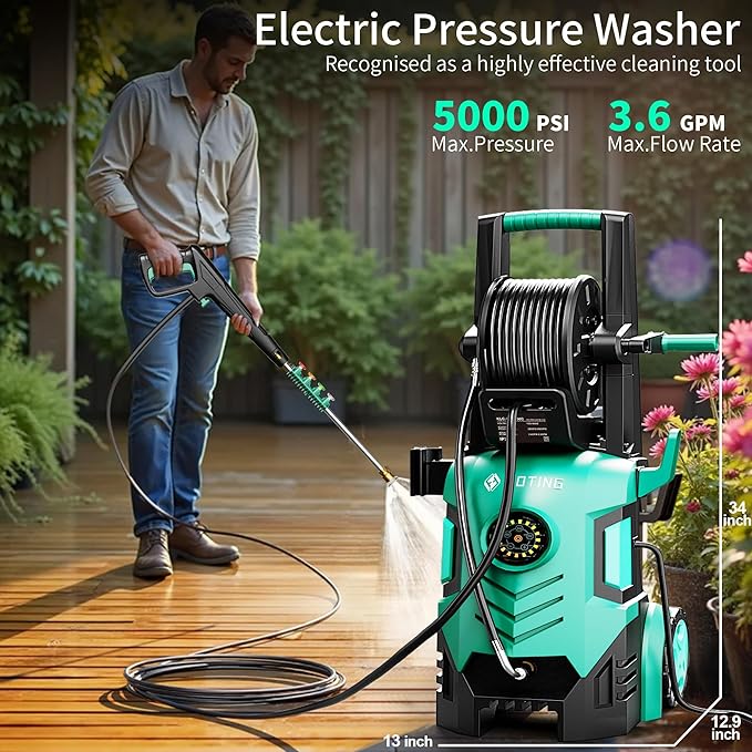2025Upgraded Pressure Washer 5000PSI with Adj-8-Level Touch Screen, 34" Tall Power Washer, 4 Quick Connect Nozzles, Inlet Hose&Filter&500mlFoam Cannon for Cars/Fences/Driveways/Home Cleaning, Blue