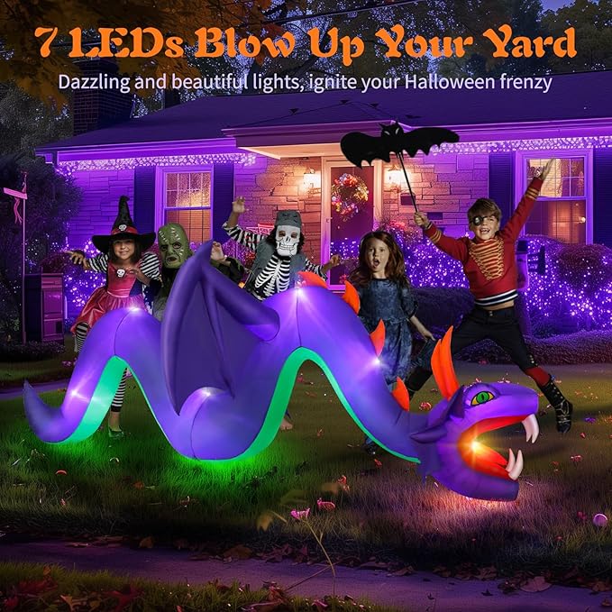 12ft Halloween Inflatable Dragon Decorations,Open Mouth and Sharp Teeth Outdoor Giant Purple Decorations,Built-in 7 LEDs Blow Up Dragon Inflatables for Yard, Lawn & Garden Internal Lights