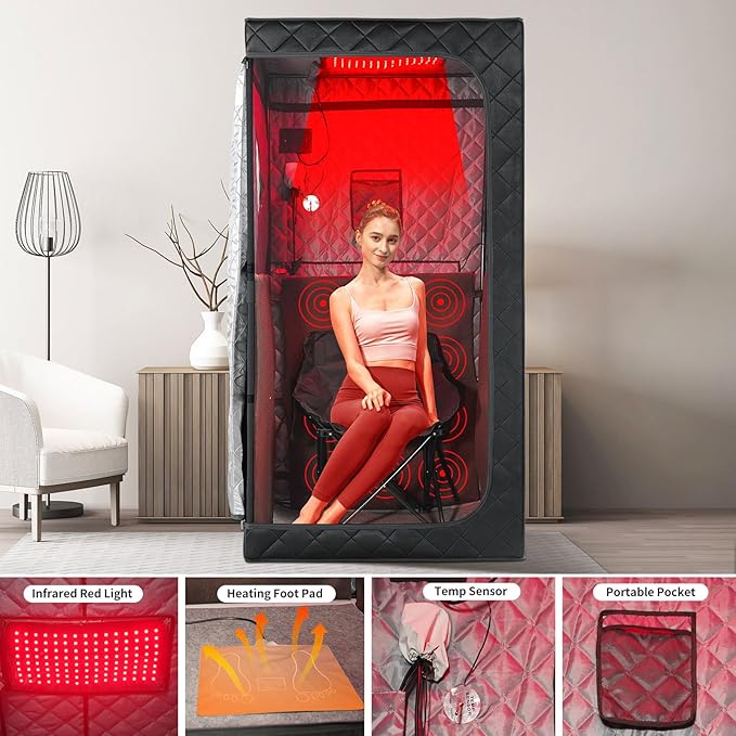 Infrared Sauna Box, Portable Infrared Sauna for Home, Personal Infrared Sauna with Red Light Threapy, Remote Control, Heating Foot Pad, Upgraded Comfortable Chair
