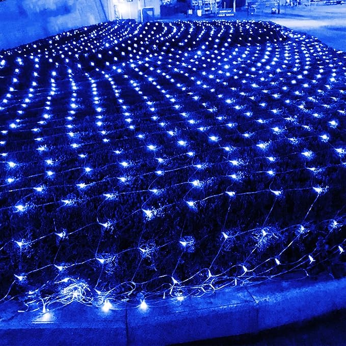 WATERGLIDE Outdoor Christmas Net Lights, 12FT x 5FT 360 LED Mesh String Light with 8 Lighting Modes, Connectable Waterproof Lights for Garden Tree Bushes, Holiday Wedding Party Decorations, Blue