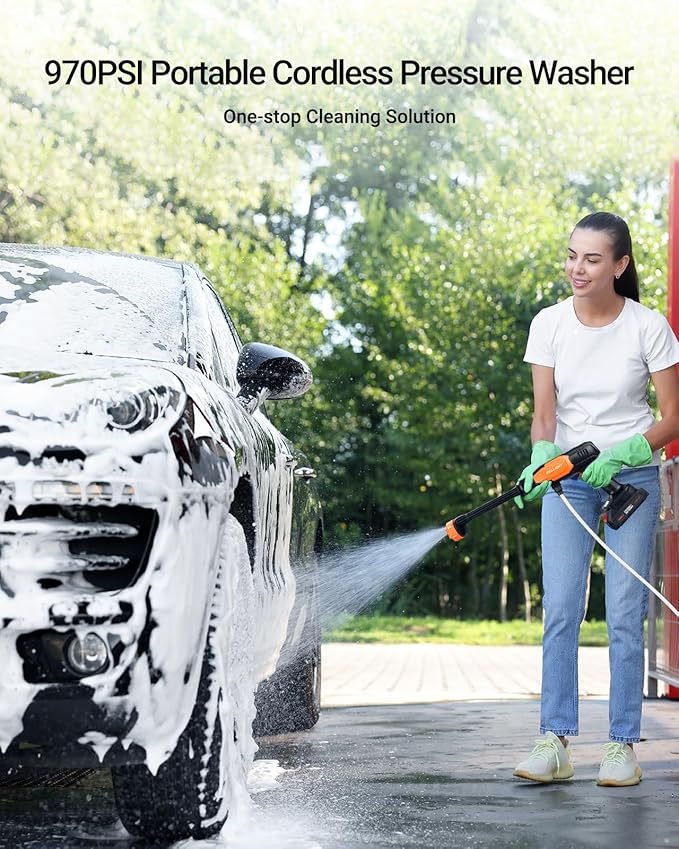SEALIGHT Cordless Pressure Washer Battery Pressure Washer, 970 PSI Cordless Power Washer with 3.0Ah Battery & 6-in-1 Nozzle & Foam Pot & Carry Box, Portable Power Washer for Home,Yard, Car Wash