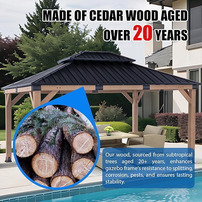 CHARMELEON 12x14 Cedar Wood Gazebo,Heavy Duty Patio Gazebo with Metal Roof,Permanent Hardtop Gazebos Pavilion for Backyard,Outdoor,Deck,Garden,Porch