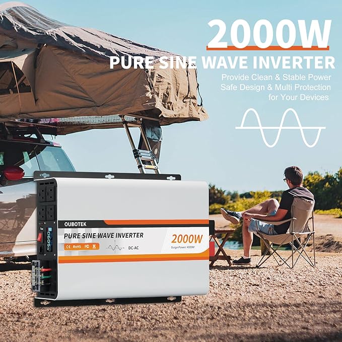 2000W Pure Sine Wave Inverter 12V DC to 120V AC Converter for Vehicles Boat Camping Outdoor Solar System, 2000 Watt Power Inverter with LCD Display, Remote Controller, USB Port, 4 AC Outlets
