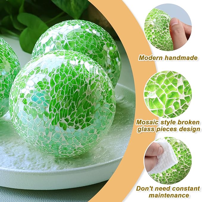 3.35 Inch Round Solid Glass Balls Orbs Decorative Mosaic Ball Centerpiece Sphere Crack Globe Crafts for Bowls Tray Table Garden Decoration Green Set of 3