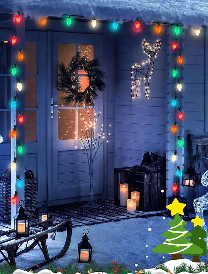 C7 Christmas Lights Outdoor, 25Ft Vintage Christmas String Lights with 27 Multicolor Ceramic Bulbs, Hanging Christmas Decorations Lights for Roofline House Garden Patio Backyard Party-Green