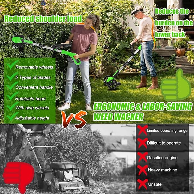 Electric Cordless Weed Wacker Eater Battery Powered Weed Trimmer with 2 21V/2.0Ah Battery Operated & Wheels & Charger & 5 Types Blades, No-String Brush Cutter/Grass Trimmer/Lawn Edger for Garden Yard