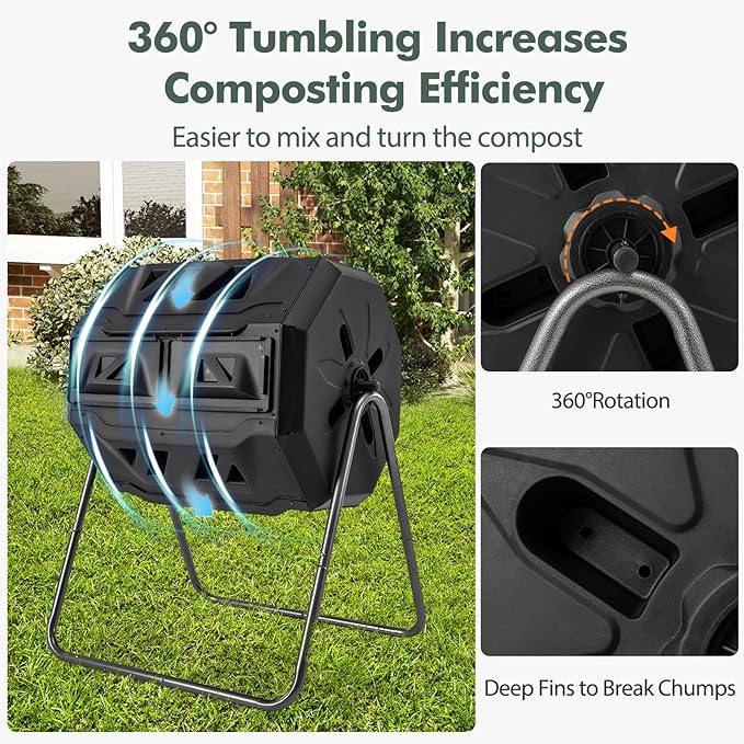 S AFSTAR Composter Tumbler Outdoor, 42-Gal Dual Chamber Tumbling Composter with 2 Sliding Doors, Metal Frame, BPA-Free Large Rotating Compost Bin Tumbler for Garden Yard Waste (Black)