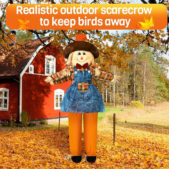 Marsui 1 Pcs 59" Large Outdoor Scarecrow Fall Harvest Thanksgiving Halloween Decoration, Life Size Standing or Sitting Scarecrow Outside Decor for Autumn Garden Yard Porch (Girl)