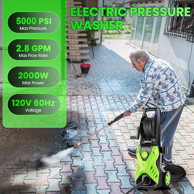 5000 PSI Adjustable Pressure Washer 2.8GPM Electric Power Washer with 33ft Pressure Hose, 4 Nozzle and Foam Cannon, Powerwashers for Home, Cars, Pressure Setting Range (2500-5000PSI) Green