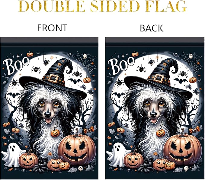 Halloween Garden Flag Chinese Crested Dog Flag 12x18 Inch Boo Pumpkin Yard Banner Double Sided Outdoor Trick or Treat House Decoration for Lawn Porch Patio Holiday Fall Decor