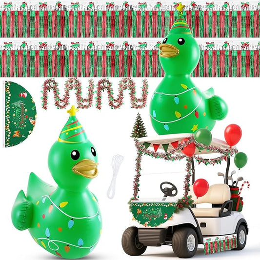 Hungdao 9 Pcs Christmas Golf Cart Parade Decorations Include 1 Pcs 4 Feet Inflatable Giant Xmas Tree Duck with Float Bunting Flag Tinsel Garland for Christmas Car Yard Party Decoration