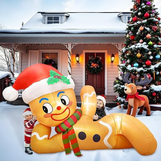 10 FT Christmas Inflatable Outdoor Decoration, Lying Gingerbread Inflatable Christmas Blow up Yard Decorations with LED Lights, Gingerbread Christmas Decoration Outdoor for Yard Garden Lawn