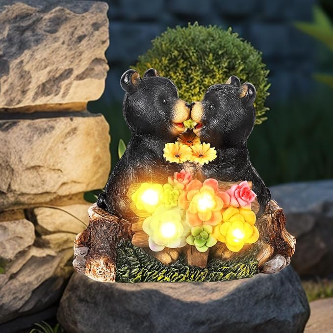 Solar Bear Garden Statues,Waterprrof Bear Outdoor Decor Resin Black Bear Figurine for Yard and Garden,Gifts for Mom, Women