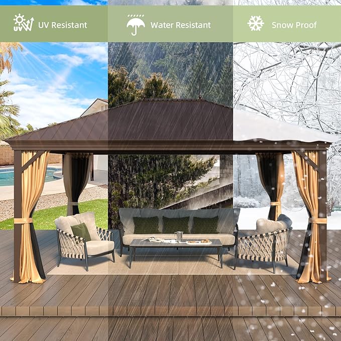 YOLENY 12' X 16' Hardtop Gazebo Galvanized Steel Outdoor Patio Gazebos Canopy Permanent Gazebo with Single Roof Aluminum Frame, Netting & Curtains for Garden, Patio, Lawns, Deck
