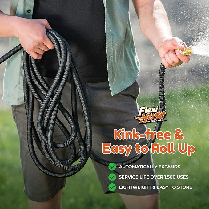 Flexi Hose Lightweight Expandable Garden Hose, No-Kink Flexibility, 3/4 Inch Solid Brass Fittings and Double Latex Core (150 FT, Black)