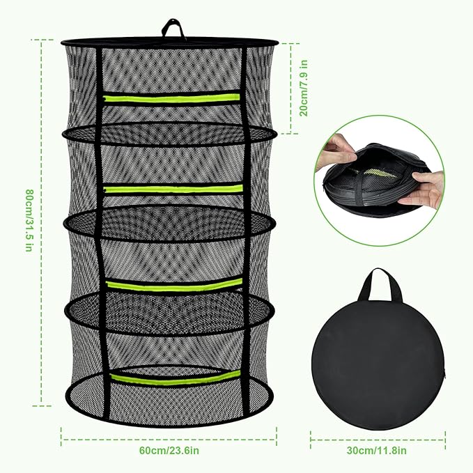 4 Layer Herb Drying Rack Hanging, Plant Drying Rack, Bud Drying Net,Foldable Hanging Dry Rack Net with Green Zipper, Garden Shears & Hooks, for Herbs, Seeds Indoor/Outdoor (23.62")