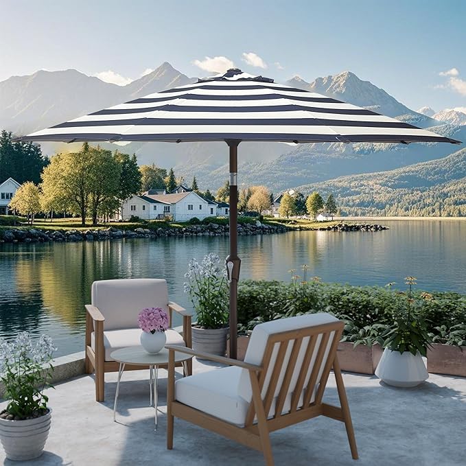PatioKingdom Auto-Tilt 9FT Patio Umbrella Outdoor with 8 Sturdy Fiberglass Ribs,Market Table Umbrella for Pool,Backyard,Deck and Garden