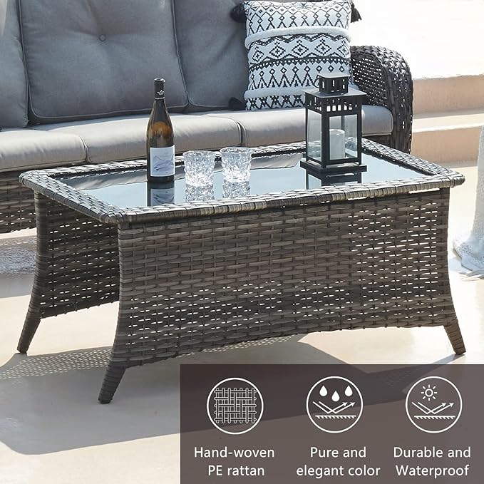 HUMMUH 7pcs Patio Furniture Set Swivel Rocker Patio Chairs,PE Wicker Outdoor Sofa Set of 2 with Coffee Table and Ottomans(Grey,Grey)