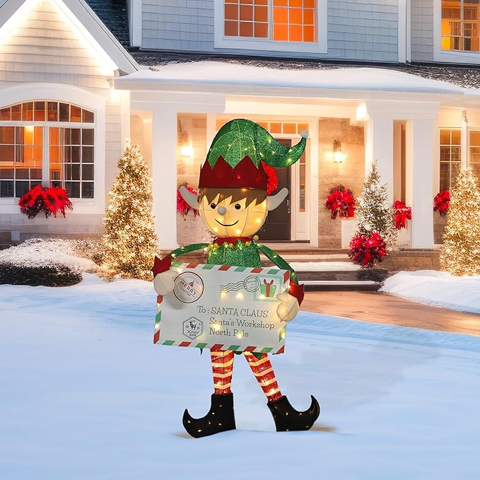 VEIKOU 4.8 FT Lighted Christmas Elf Decoration with Envelope, 3D Christmas Elf Yard Decor with 100 Warm LED Lights, Ground Stakes and Zip Ties, Outdoor Xmas Holiday Display for Garden, Lawn, Patio