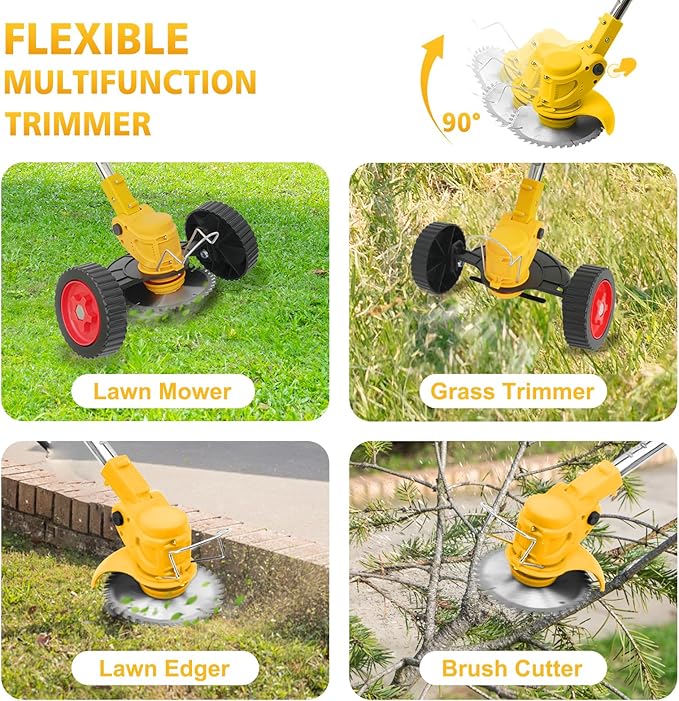 21V Electric Weed Wacker, Cordless Grass Trimmer with 2x2.0Ah Batteries & Fast Charger, Stringless Lightweight Brush Cutter/Edger/Mower/Trimmer with 4 Types Blade for Yard & Garden