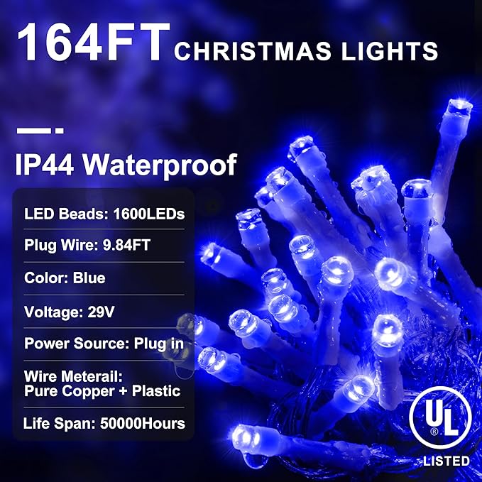 KNONEW 164FT 1600 LED Christmas Lights Outdoor Decoration Blue Timer 8Modes Hanging Fairy String Lights with 320 Drops, Plug in Waterproof Indoor Decor for Holiday Wedding Party Window Garden