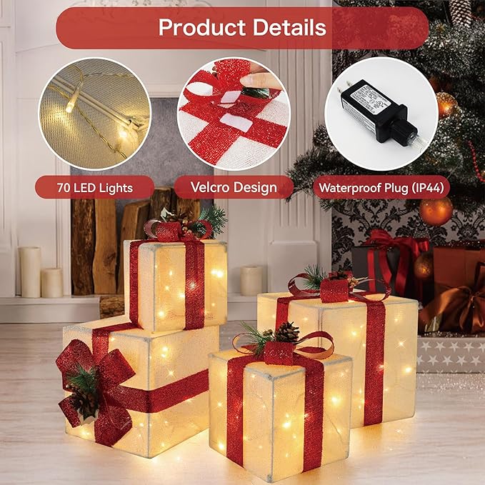 Set of 4 Christmas Lighted Gift Boxes, 70 LED Stackable Light Up Present Boxes for Christmas Decorations Indoor Outdoor Yard Lawn Porch Home Decor(Max. 10")
