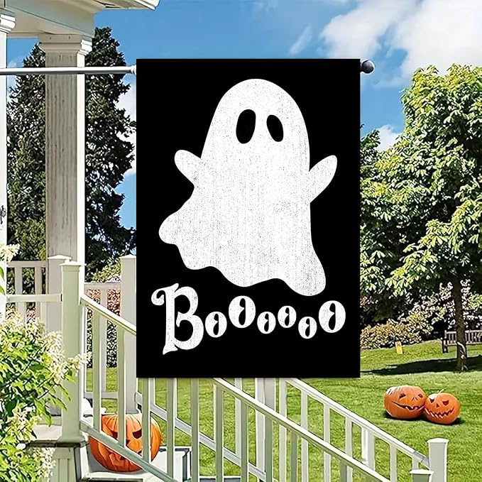 DECORLUXES Halloween Ghost House Flag 28x40 Double Sided, Garden Flags Garden Outside Decor, Boo Black Holiday Yard Outdoor Decoration for Home (House + Garden flag)