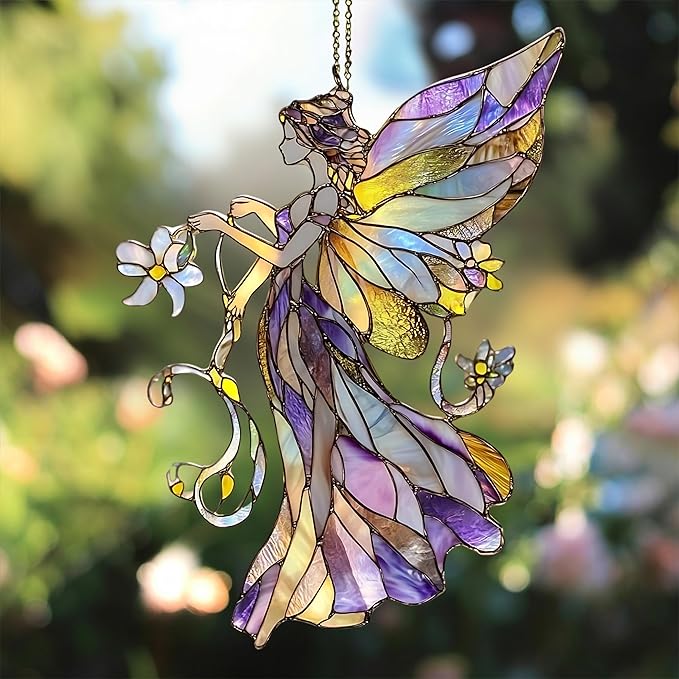 Flower Fairy Acrylic Suncatcher Stained Glass Effect Window Car Hanging Christmas Ornament Indoor Outdoor Decor Garden Sun Catcher Panel Gifts for Fairy Tale Lover for Women Mom Grandma
