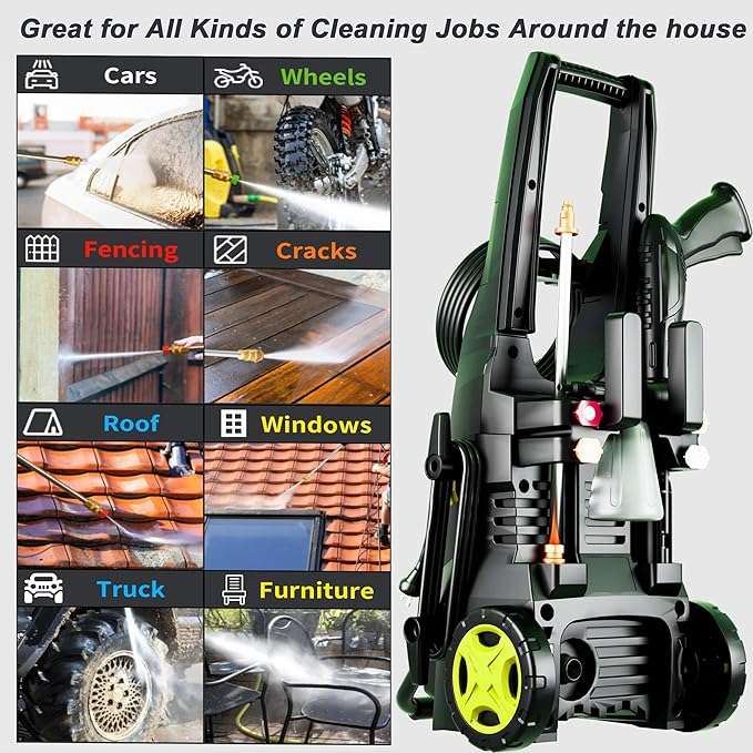 2025Upgraded Pressure Washer 4300PSI with 4 Quick Connect Nozzles, Inlet Hose & Filter& Foam Cannon for Cars/Fences/Driveways/Home Cleaning, Green