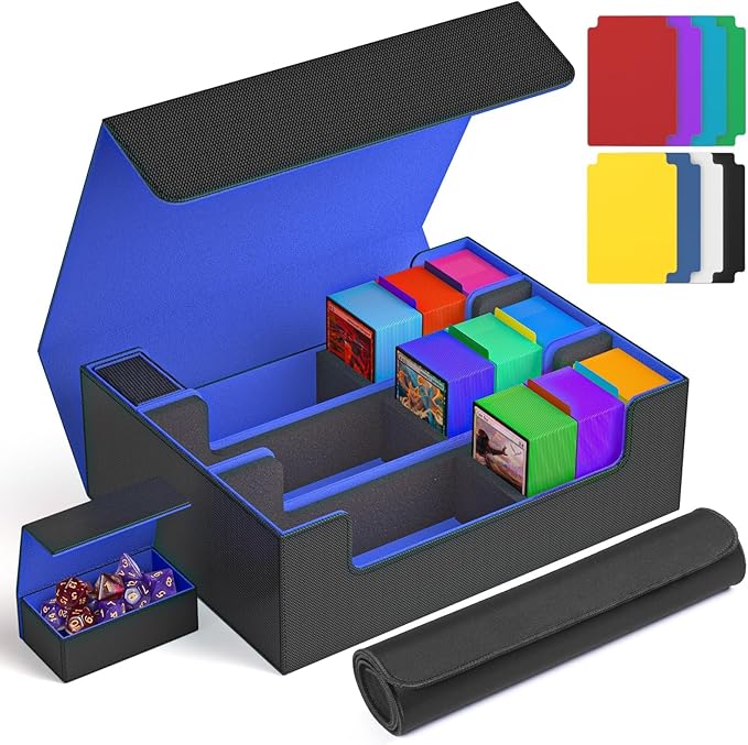 Card Storage Box 3000+ MTG Deck Box with Game Mat and 8 Divider Tabs, 3 Row Commander Trading Card Cases with Dice Tray, Commander Deck Case for TCG, CCG, YuGiOh and Sport Card (Black & Blue)