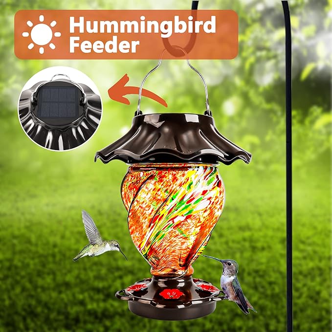 LUJII Solar Hummingbird Feeder for Outdoors Hanging with Color Changing, Hand Blown Glass, 35 fl.oz, Never Leak, Lighted Lantern for Garden Decoration, Unique Gift for Bird Lovers, Red