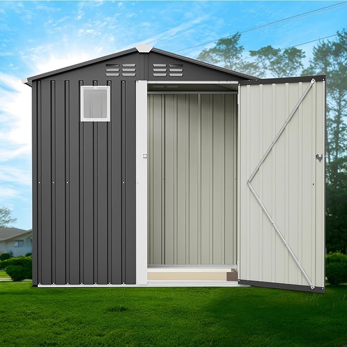 6x4 FT Metal Outdoor Storage Shed with Window, Steel Utility Tool Shed House, Garden Tool Storage Cabinet for Backyard Patio Lawn (6' x 4' No Floor Frame), Black