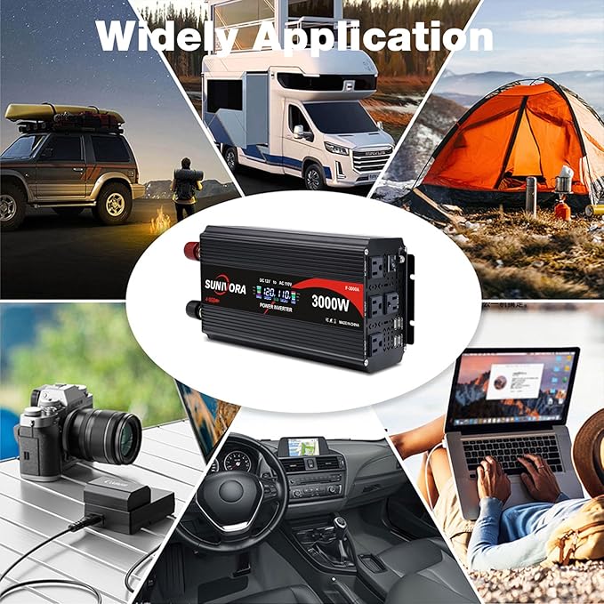3000 Watt Inverter with LCD & Remote Control 12V DC to 110V/120V AC 60HZ Power Converter 6000W(Peak) with 4 Sockets & 4 USB Ports Power Inverters for Vehicles RV Truck Camping